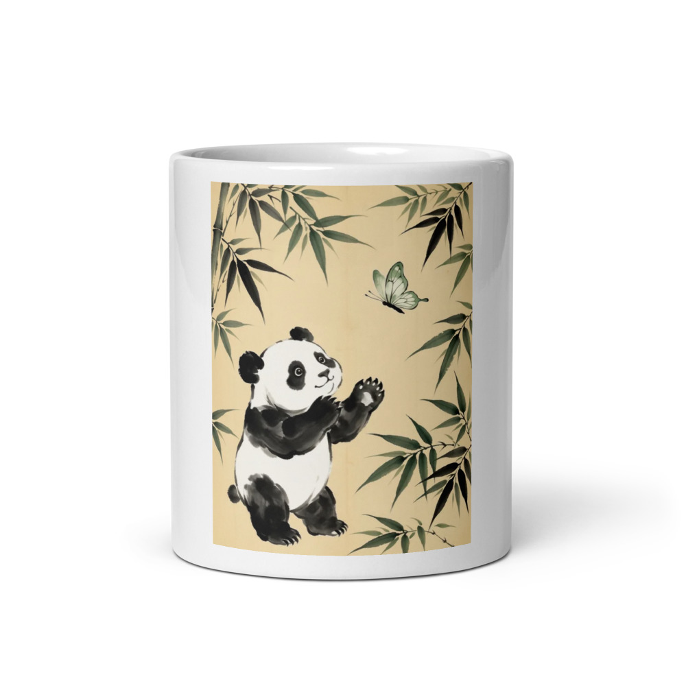 Panda and Butterfly Mug, playful animal art, ceramic drinkware, nature lover gift, coffee and tea cup for home