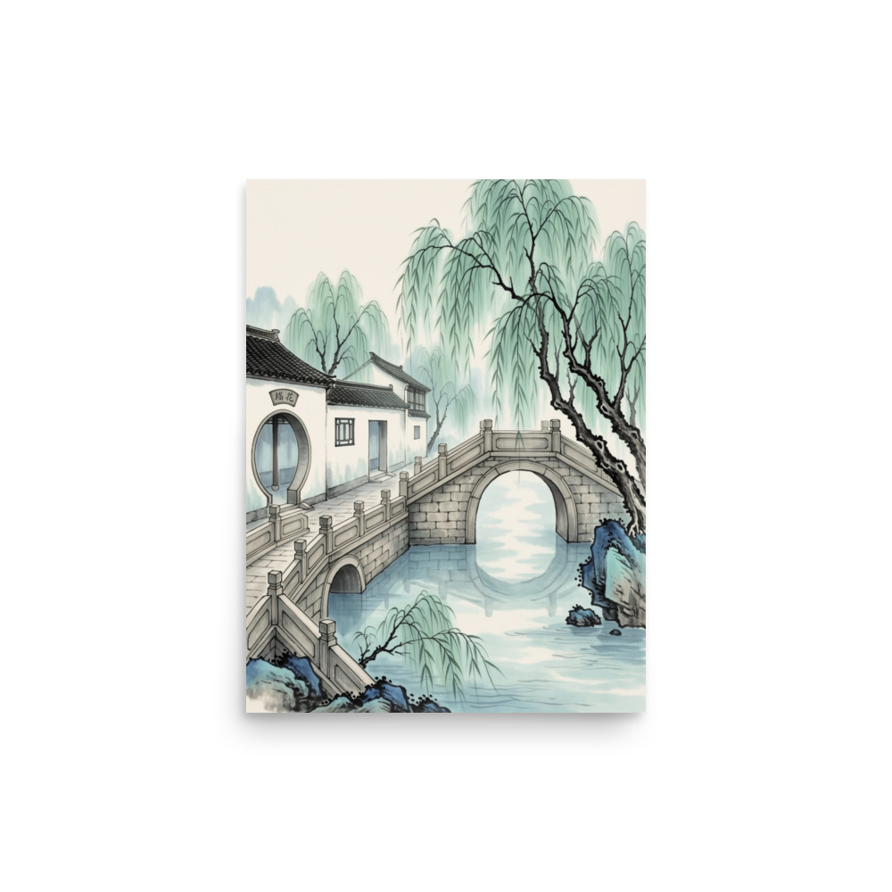 Willow Zigzag Bridge Art Print, traditional Chinese ink painting, Jiangnan water-town decor, serene living room art, housewarming gift
