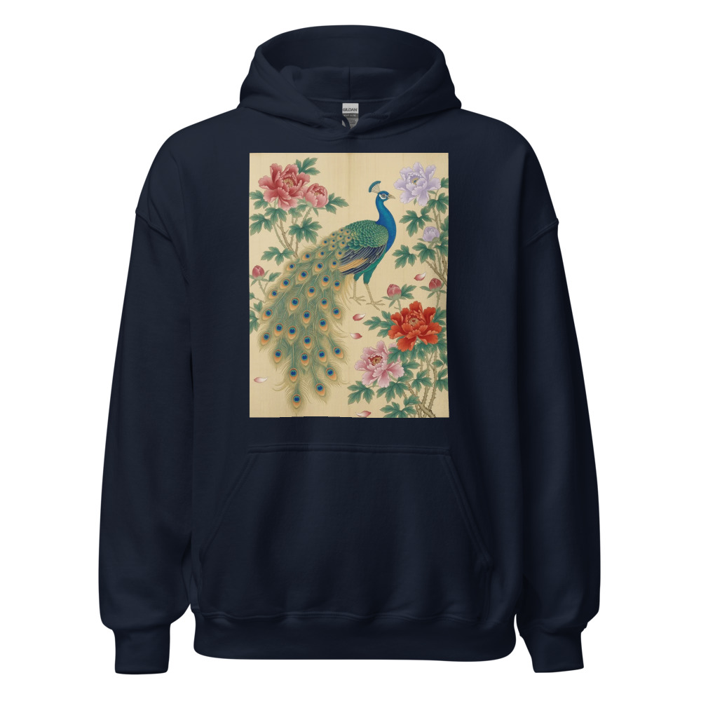 Peacock & Peony Hoodie, nature-inspired art, floral bird design, casual everyday wear, gift for art lovers and bird enthusiasts
