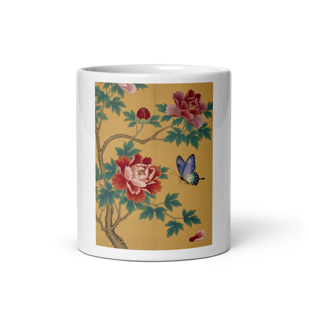 Peony & Butterflies 牡丹 Mug, botanical ceramic art, tea and coffee gift, home office coffee mug, gift for art lovers