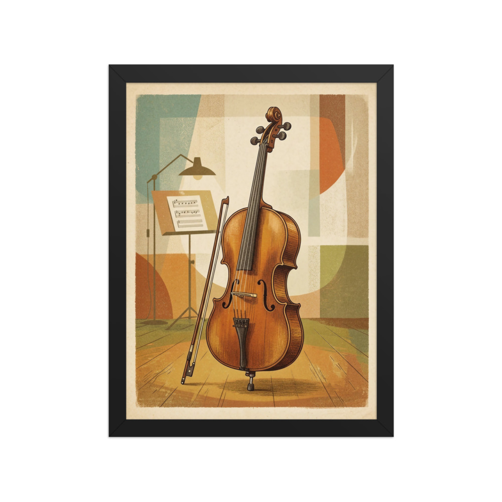Wooden Cello Art Print, vintage music room wall decor, mid-century wall art, retro music artwork, gift for cellists