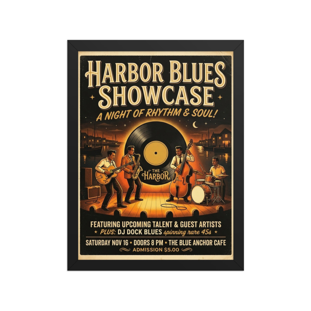 Harbor Blues Showcase Art Print, retro 1950s music poster, music room decor, gift for blues lovers, club wall art