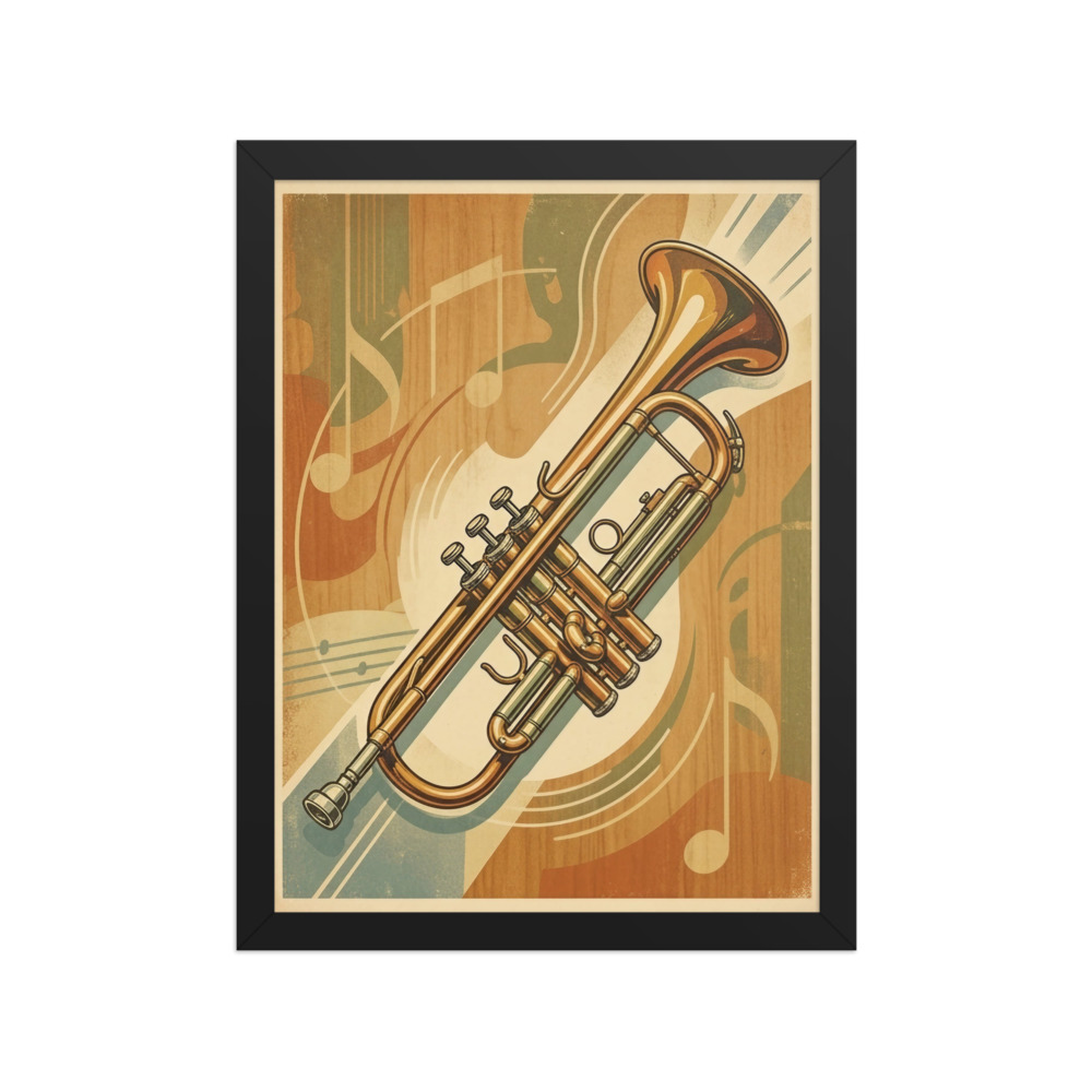 Brass Trumpet Art Print, vintage music illustration, mid-century poster style, music room decor, gift for trumpet players