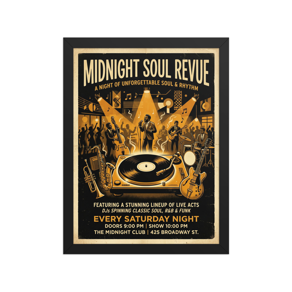 Midnight Soul Revue Art Print, vintage music poster, mid-century decor, music club wall art, gift for music lovers