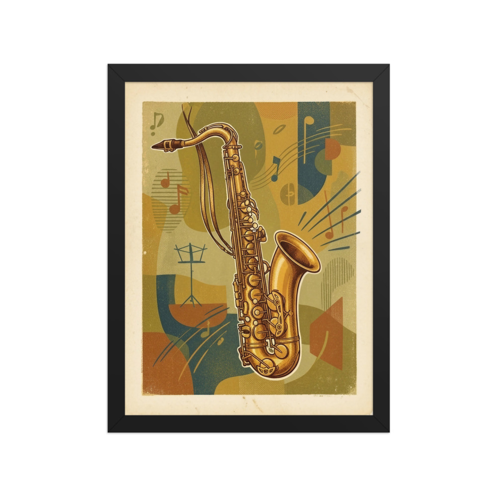 Golden Tenor Saxophone Art Print, vintage music poster, mid-century wall art, jazz room decor, gift for saxophone lovers
