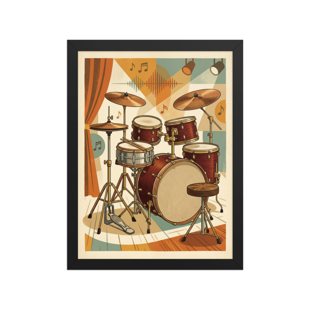 Retro Drum Kit Art Print, vintage music wall art, mid-century poster style, studio or home decor, gift for drummers