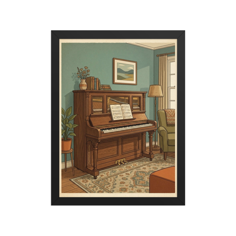 Vintage Upright Grand Piano Art Print, retro music wall art, mid-century poster decor, music room accent, gift for piano lovers