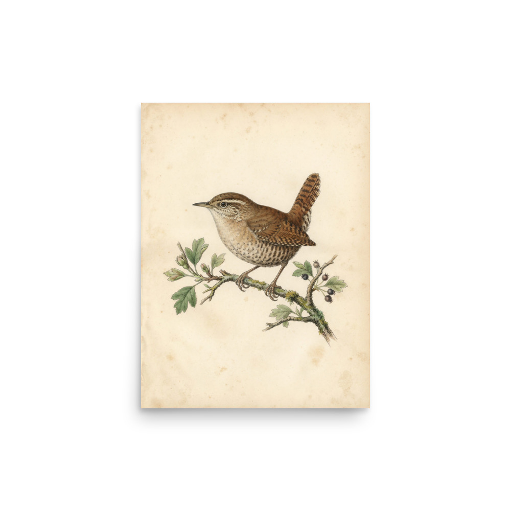 Wren Bird Study Art Print, antique natural history decor, watercolour bird art, study or cottage wall, gift for bird lovers