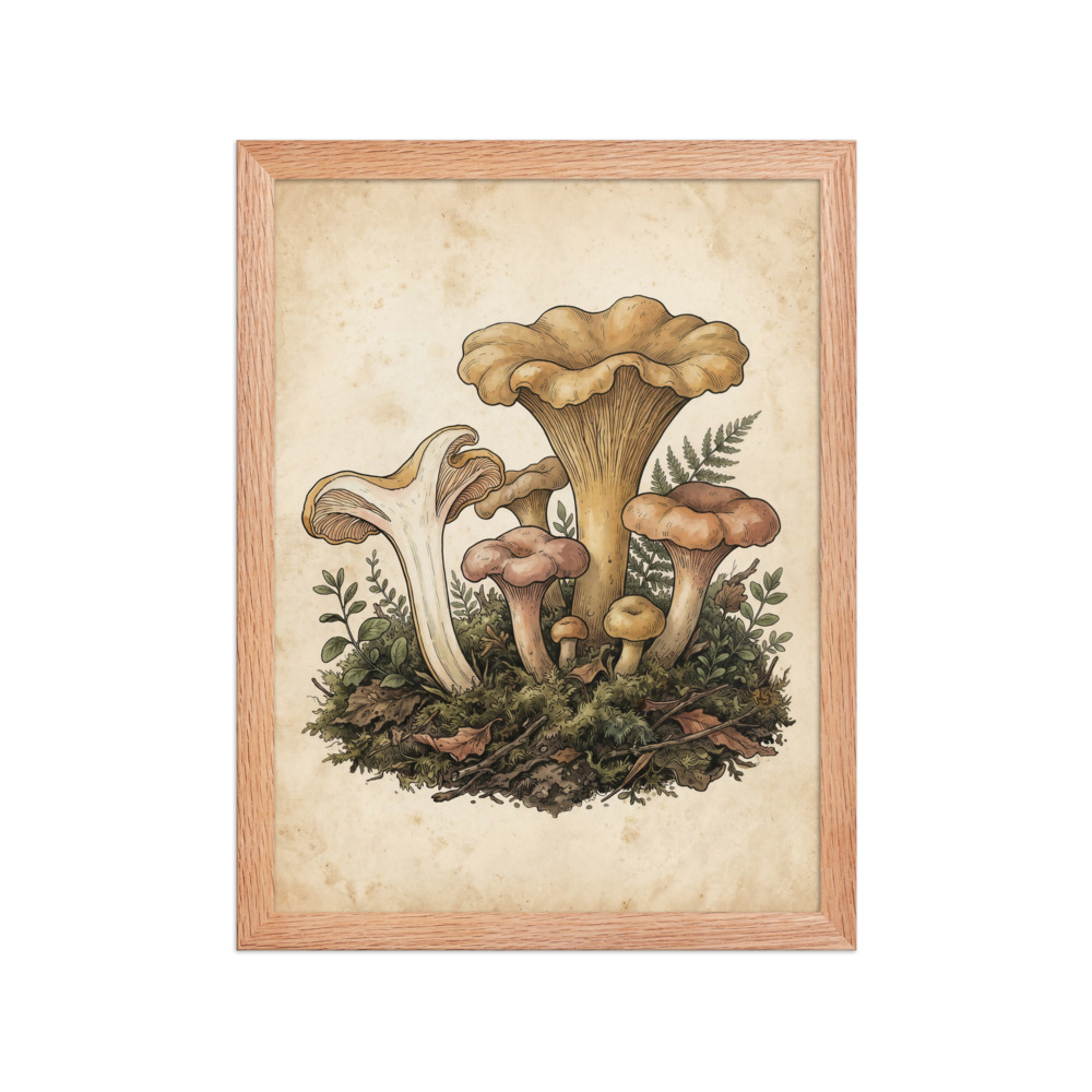 Chanterelle Mushroom Study Art Print, vintage field guide style, woodland kitchen decor, nature lover gift idea