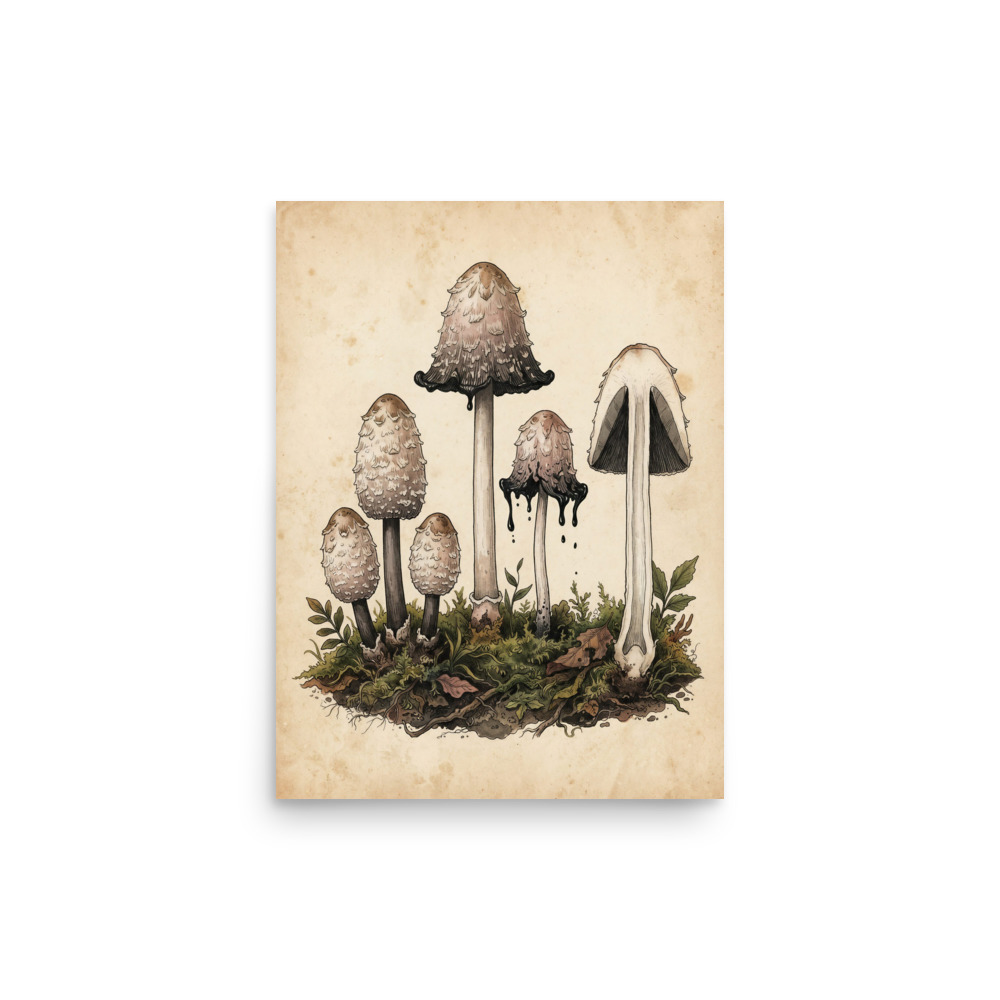 Shaggy Ink Cap Mushroom Study Art Print, vintage botanical illustration, woodland decor, study wall art, nature lover gift