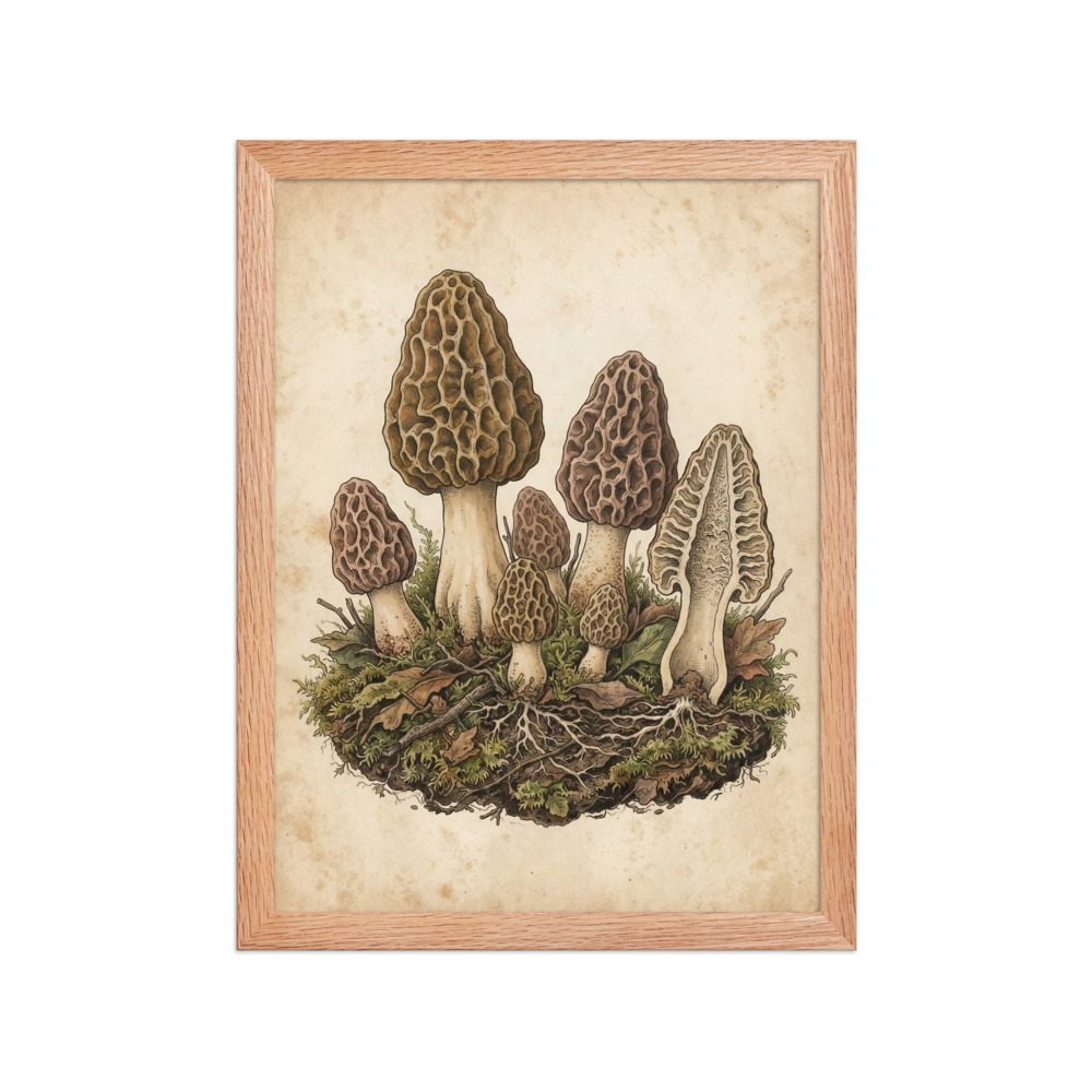 Morel Mushroom Study Art Print, vintage ink and gouache, antique field guide style, woodland decor, mushroom lover gift
