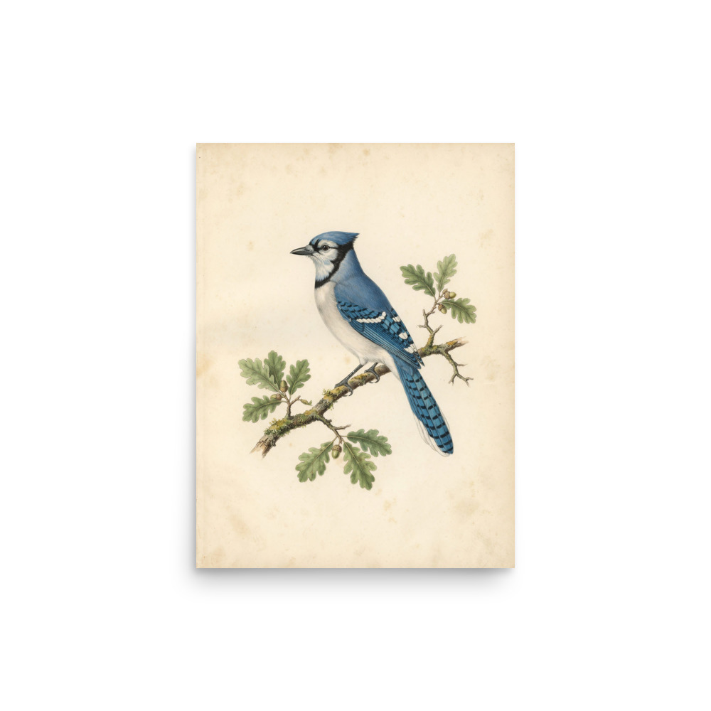 Blue Jay Art Print, antique bird illustration, vintage natural history decor, nature lover gift, reading nook decor