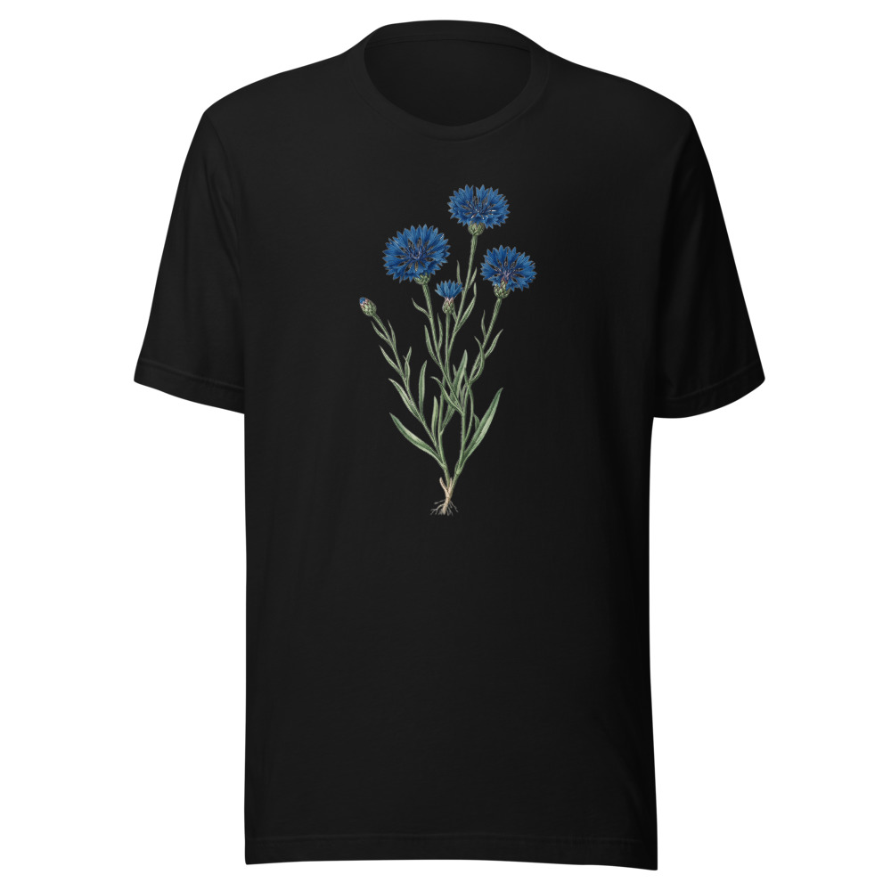 Cornflower Study T-Shirt, botanical flower illustration, casual nature shirt, blue floral clothing, gift for gardeners