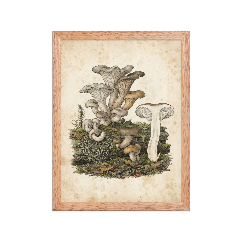 Oyster Mushroom Art Print, vintage mycological illustration, woodland wall decor, mushroom lover gift, forest study