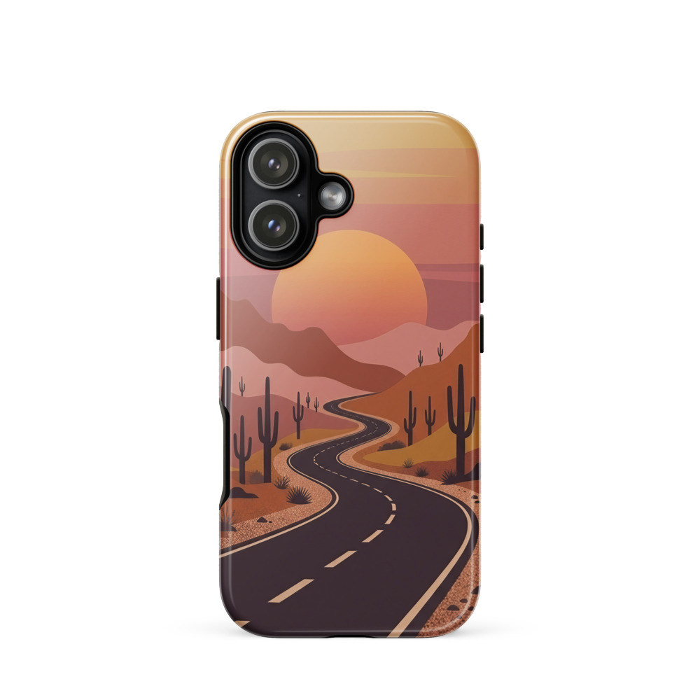 Minimalist desert sunset landscape Tough Phone Case, iPhone 15, 16 and 17 case, retro southwestern art, desert road gift, cactus lover gift