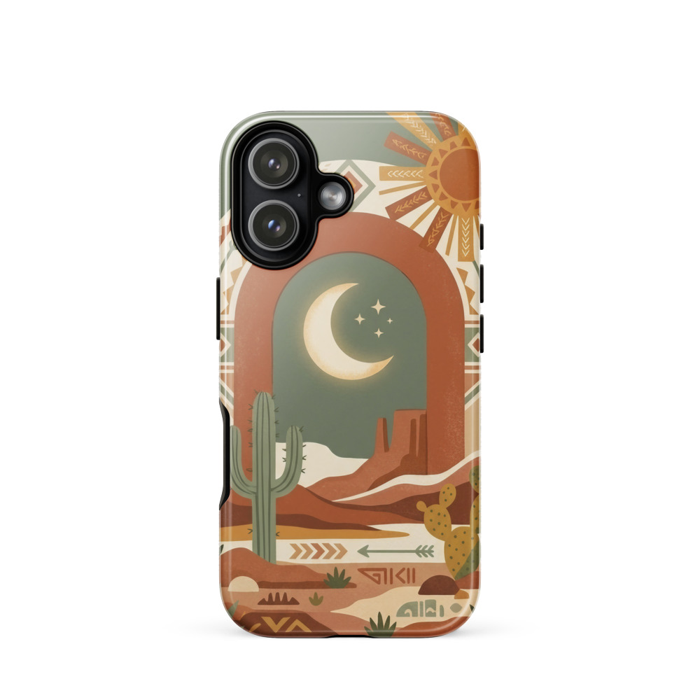 Southwestern Boho Tough Phone Case, iPhone 15, 16 and 17 case, desert cactus design, modern desert style, boho gift