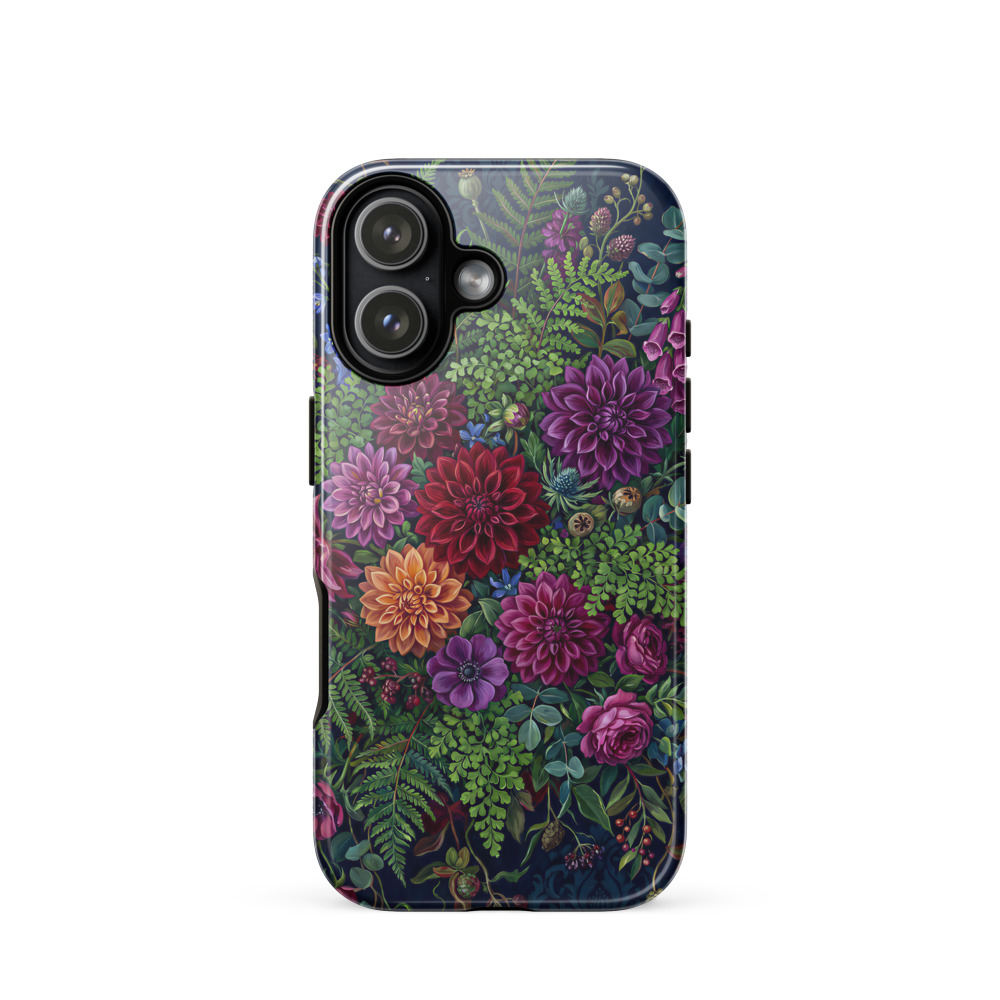 Lush Dahlia and Fern Arrangement Tough Phone Case, iPhone 15, 16 and 17 case, maximalist floral style, botanical gift