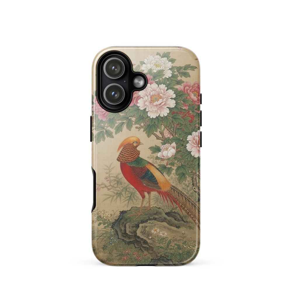 Golden Pheasant & Peony Tough Phone Case, Chinese gongbi art, iPhone 15, 16 and 17 case, elegant gift for bird lovers
