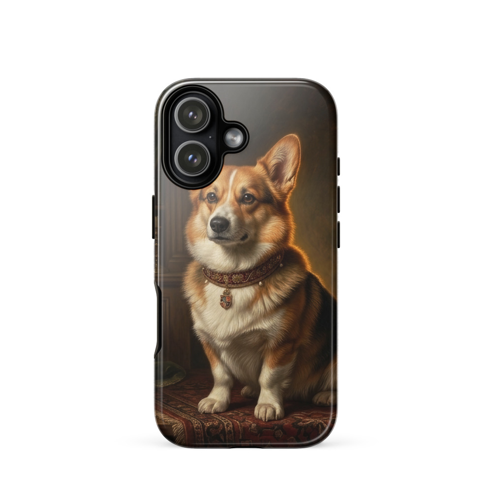 Corgi Dog Tough Phone Case, Dutch master oil painting style, iPhone 15, 16 and 17 case, royal pet portrait, dog lover gift