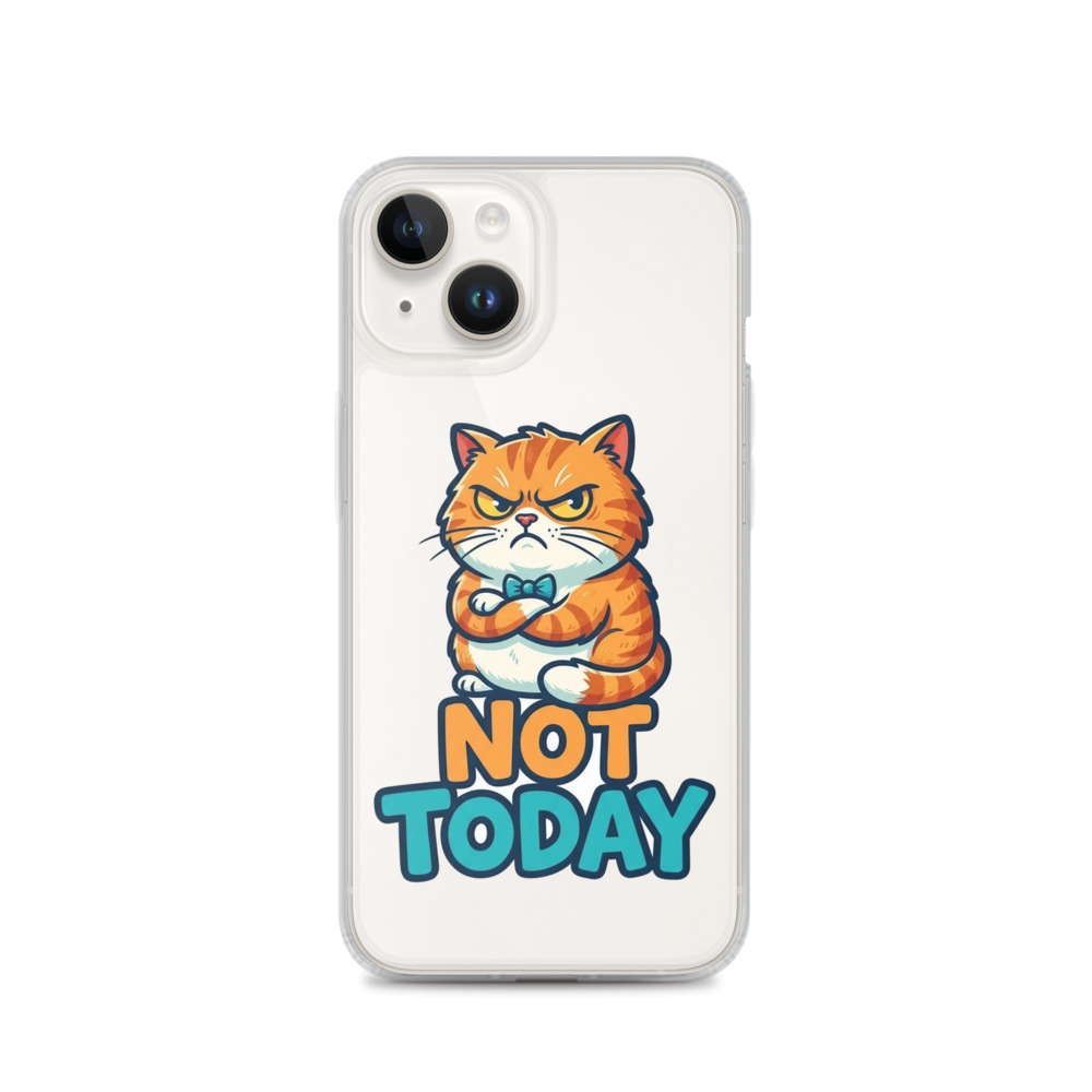 Grumpy Cat Not Today Clear Phone Case, iPhone 14, 15, 16 and 17 case, funny cartoon graphic, playful gift, cat lover accessory