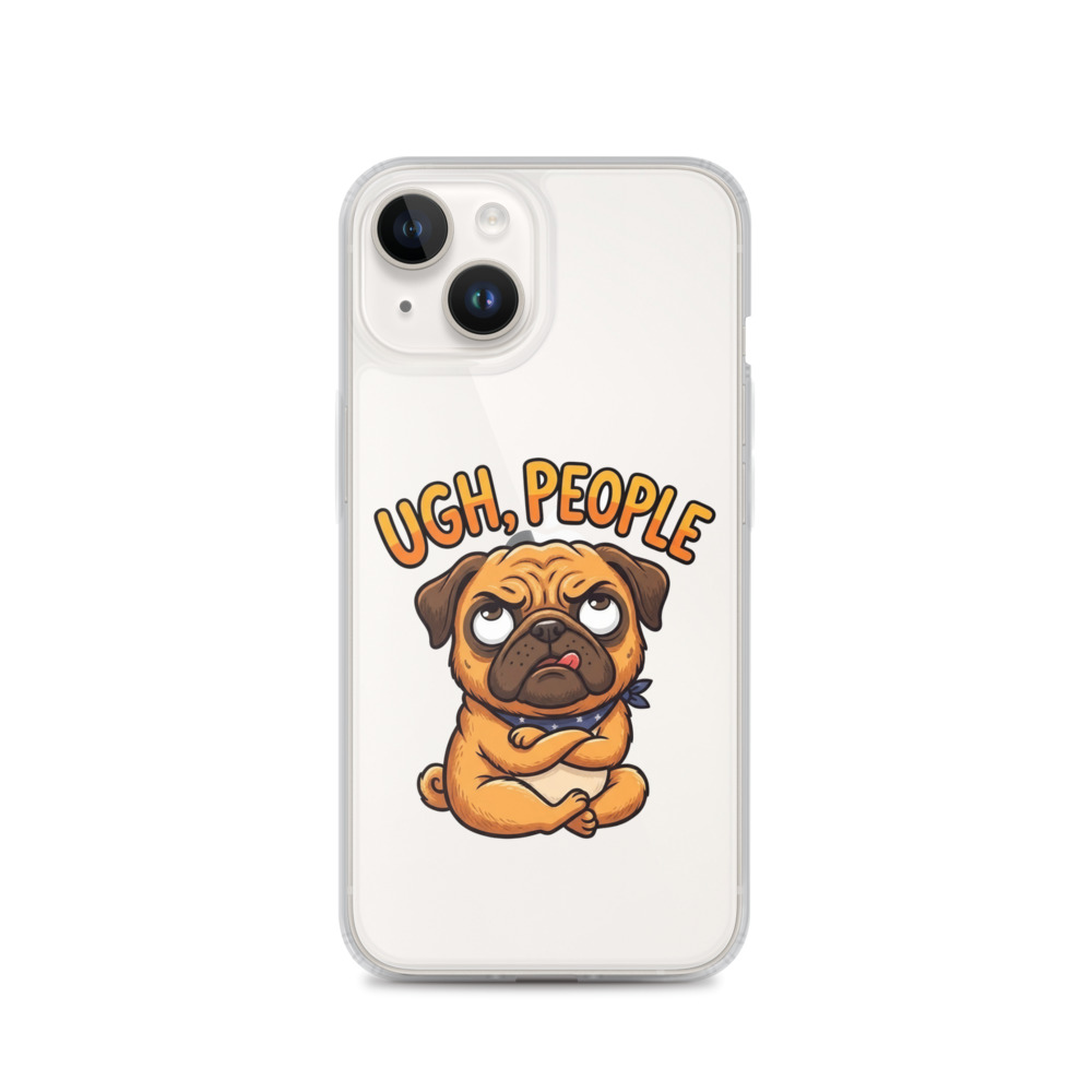 Grumpy Pug Clear Phone Case, iPhone 14, 15, 16 and 17 case, funny cartoon design, pug lover gift, playful phone accessory