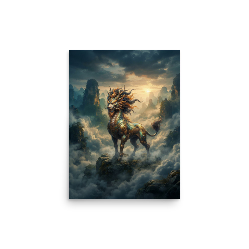 Qilin Art Print, cinematic Chinese myth wall art, moody mountain landscape decor, living room accent, fantasy gift for mythology lovers