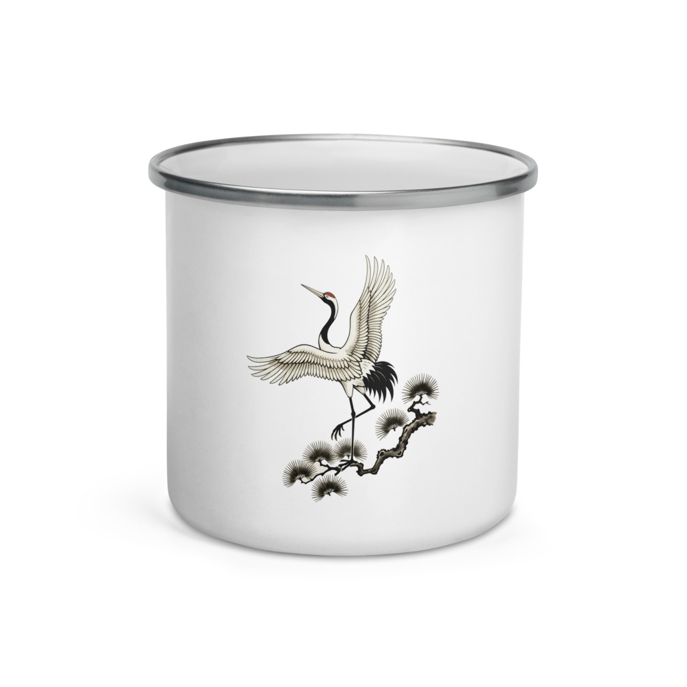 Elegant Crane Enamel Camp Mug, minimalist oriental art, sunrise hike companion, garden tea gift, bird lover present