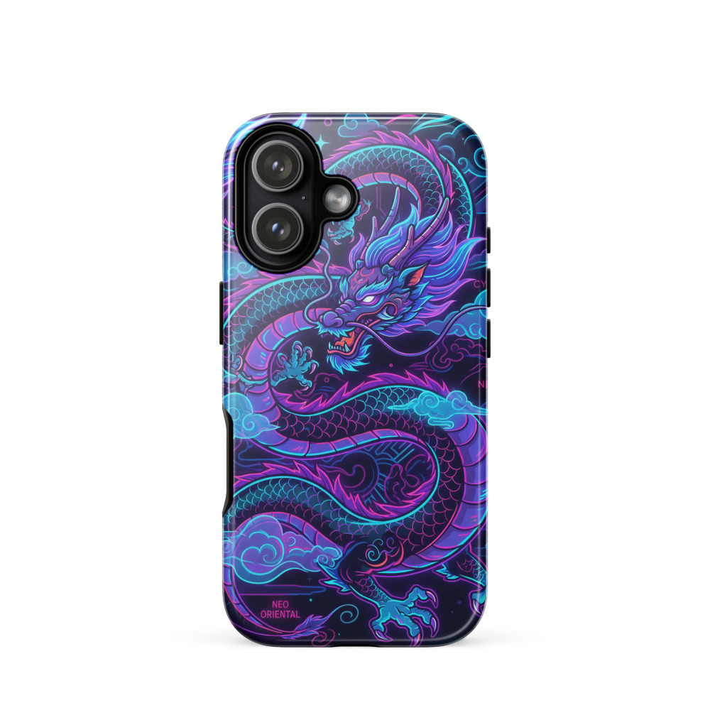 Neon Dragon Tough Phone Case, cyber-oriental style, bold graphic design, iPhone 15, 16 and 17 case, dragon gift