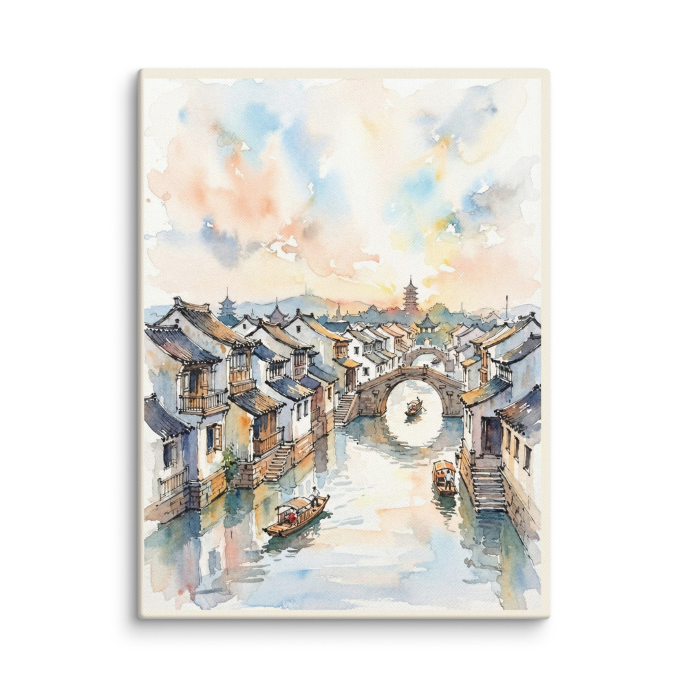 Suzhou Canals Art Print, loose watercolour painting, airy canal town wall art, calm home decor, gift for art lovers