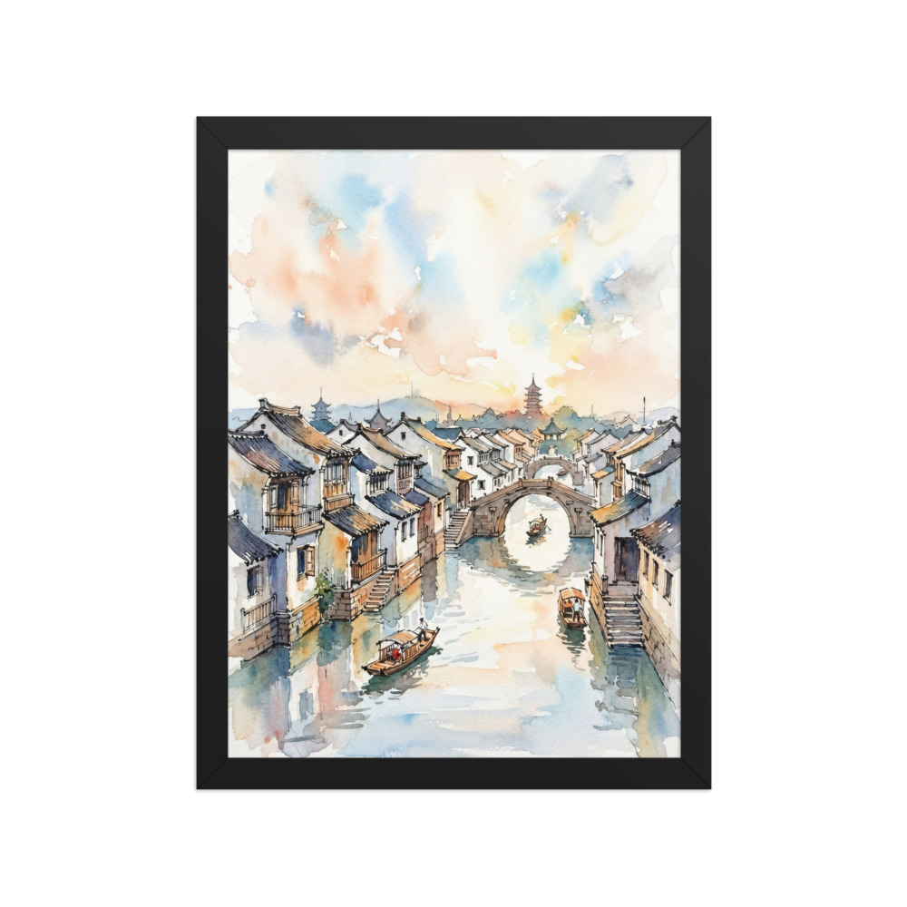 Suzhou Canals Art Print, loose watercolour painting, airy canal town wall art, calm home decor, gift for art lovers