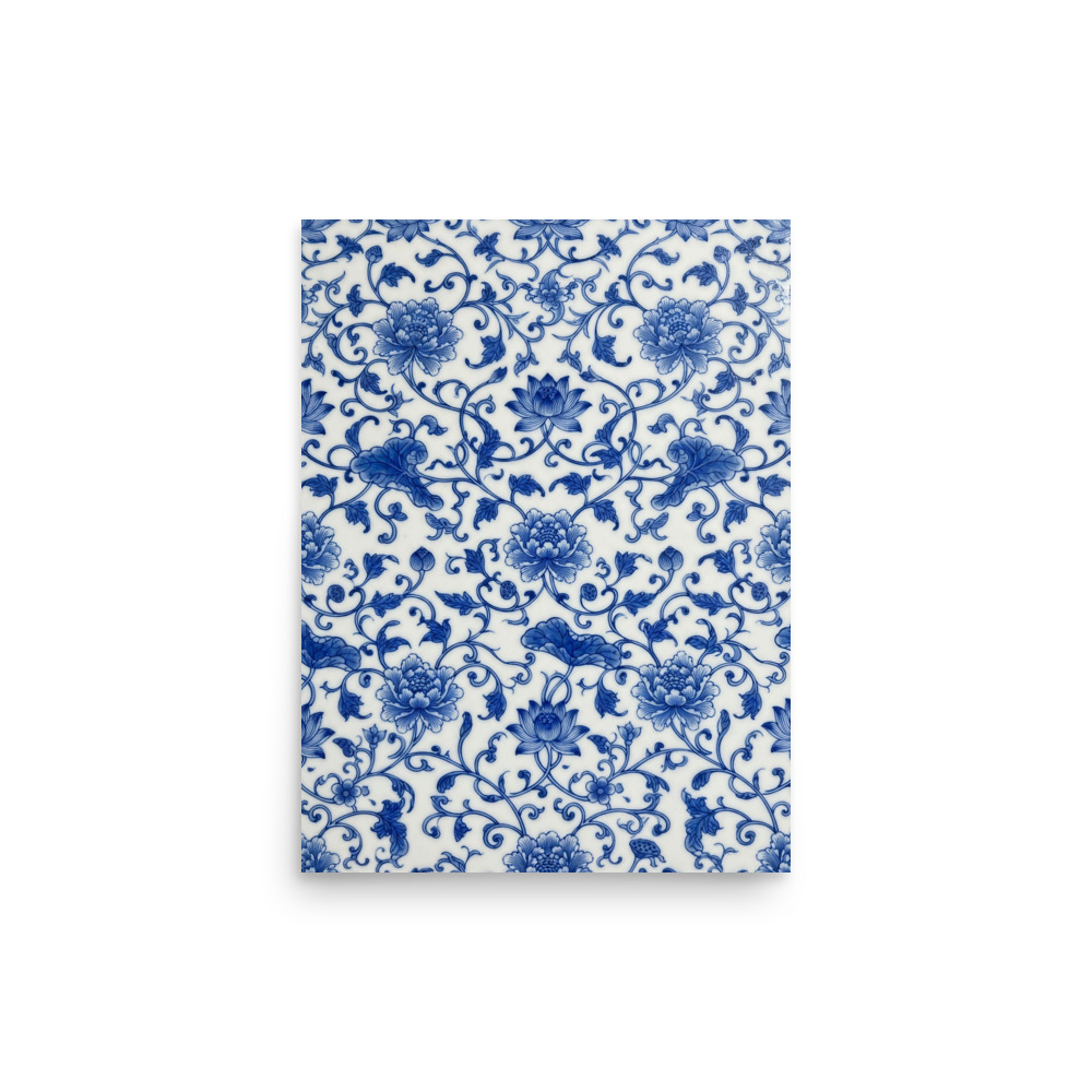 Peony and Lotus Art Print, blue and white porcelain pattern, botanical wall art, traditional home decor, gift for porcelain lovers