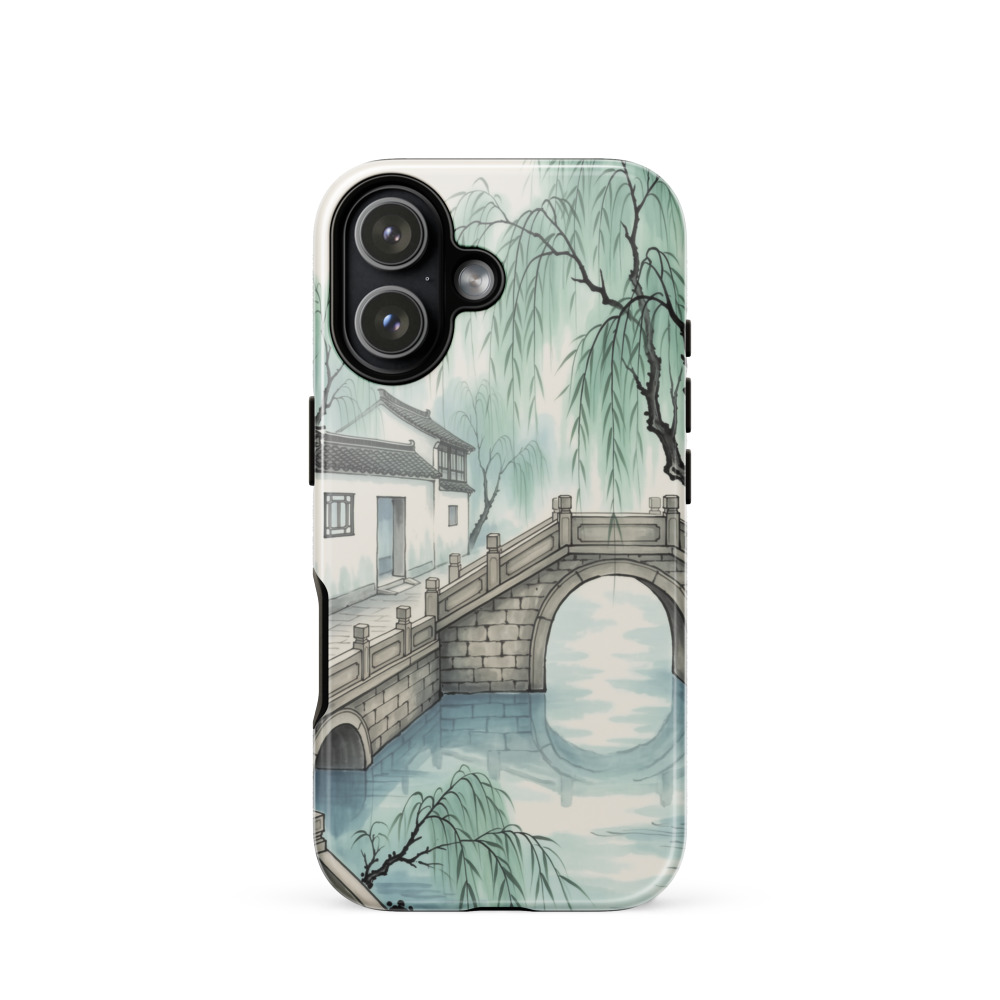 Willow Zigzag Bridge Tough Phone Case, iPhone 15, 16 and 17 case, Chinese ink-and-colour art, Jiangnan garden style, gift for art lovers
