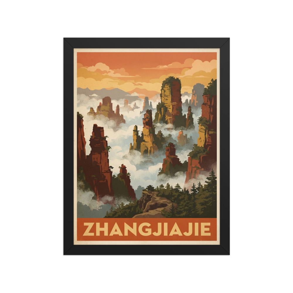 Zhangjiajie Art Print, vintage travel poster, mid-century wall art, foggy mountain decor, gift for travel lovers