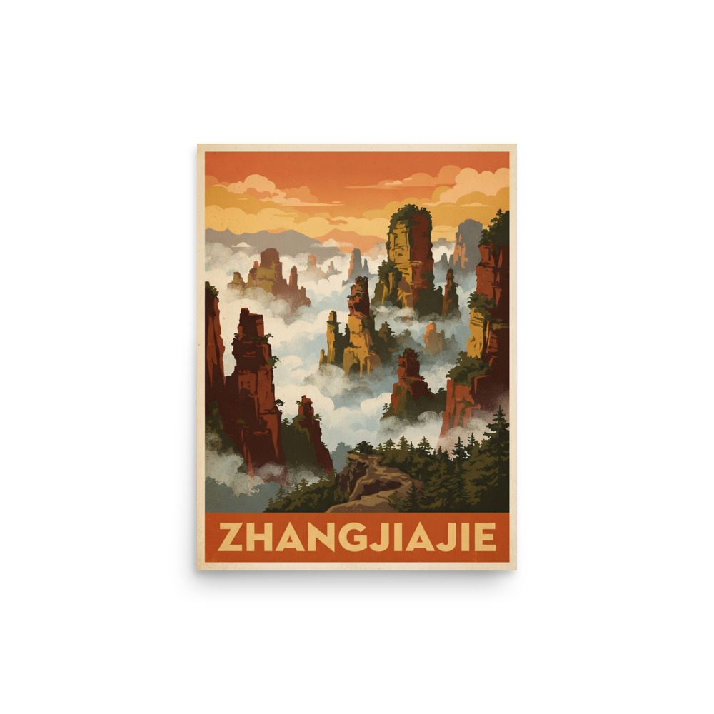 Zhangjiajie Art Print, vintage travel poster, mid-century wall art, foggy mountain decor, gift for travel lovers