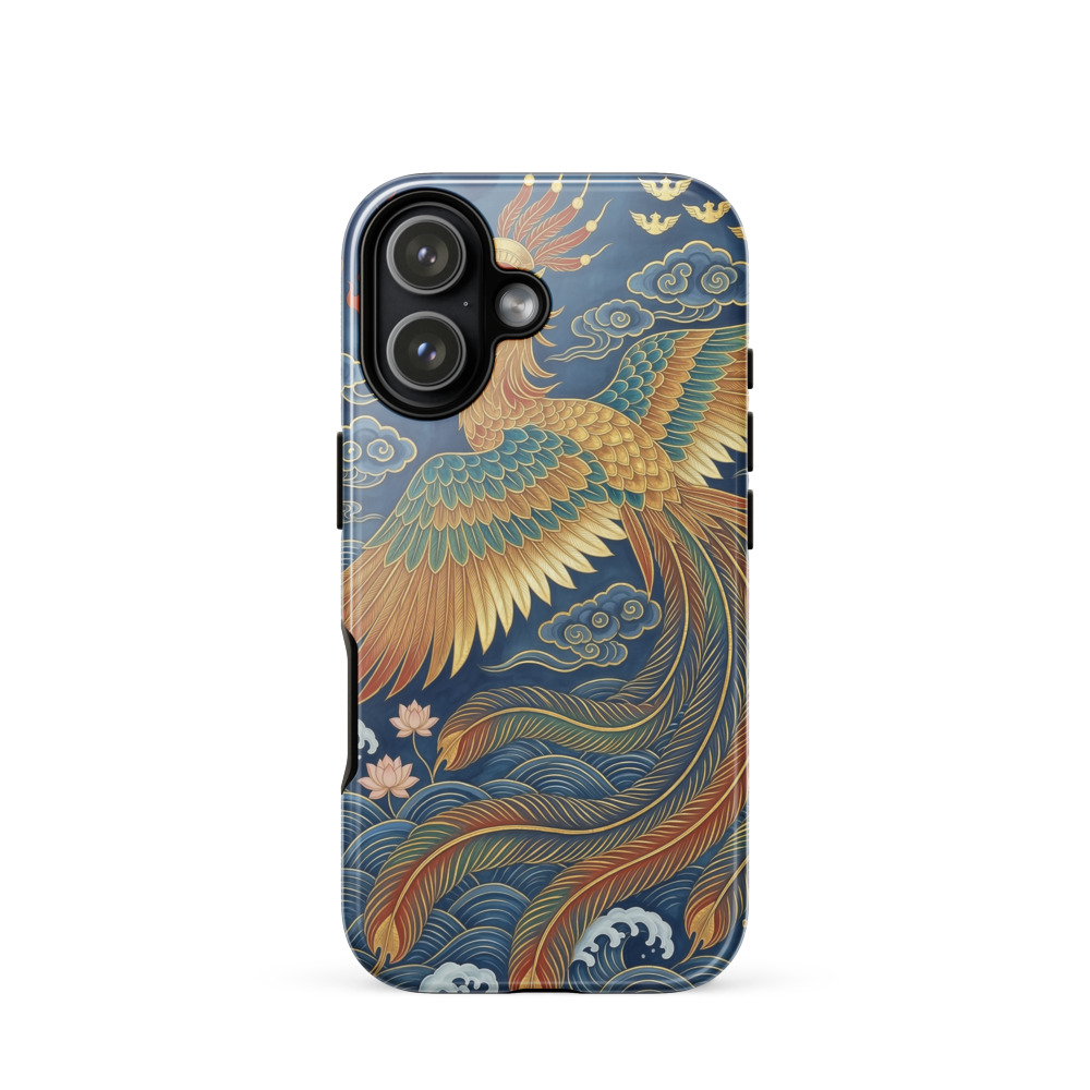 Fenghuang Phoenix Tough Phone Case, traditional ink and gold art, auspicious Chinese gift, iPhone 15, 16 and 17 case