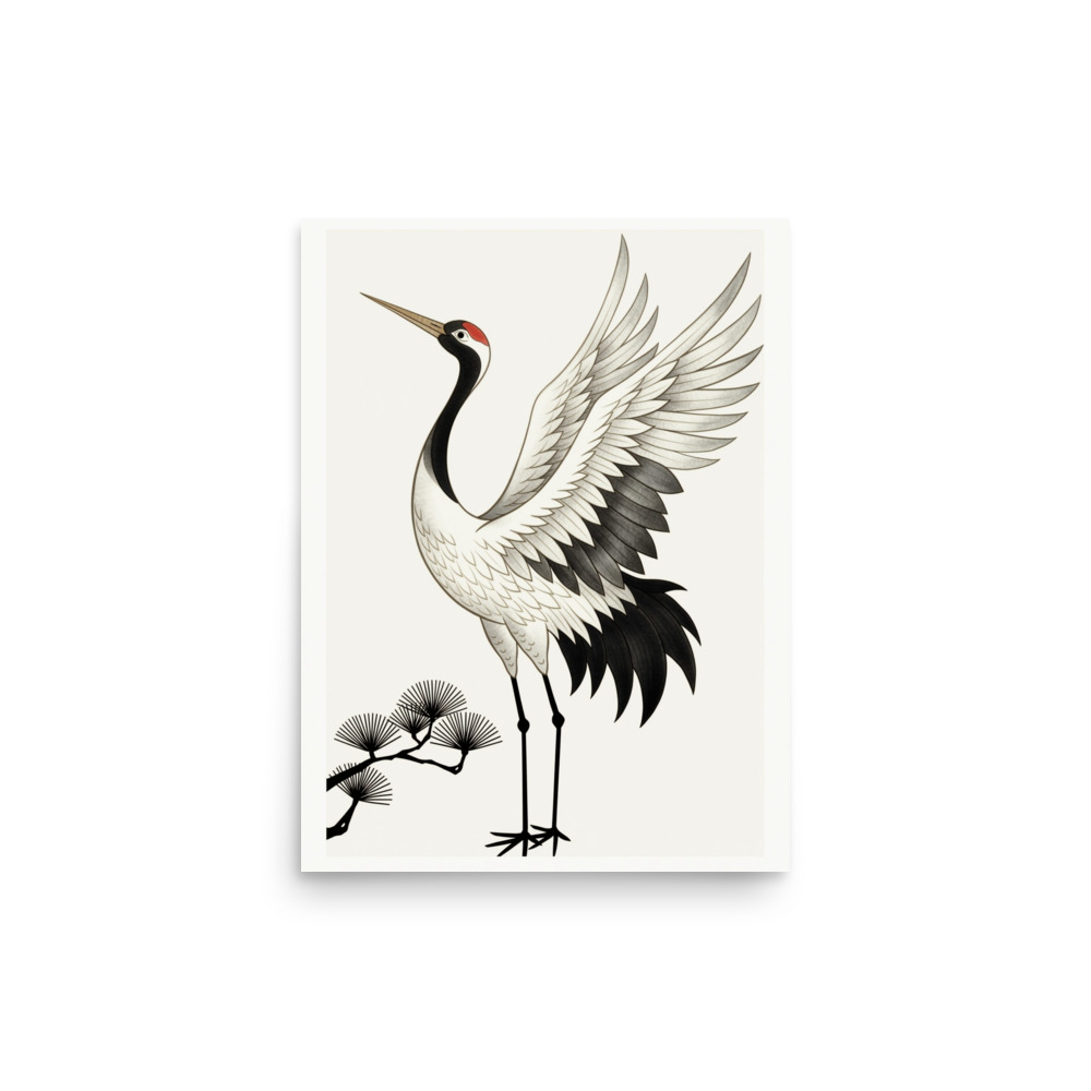 Ink-Wash Crane over Pine Art Print, East Asian landscape style, serene study and bedroom decor, traditional art gift for nature lovers