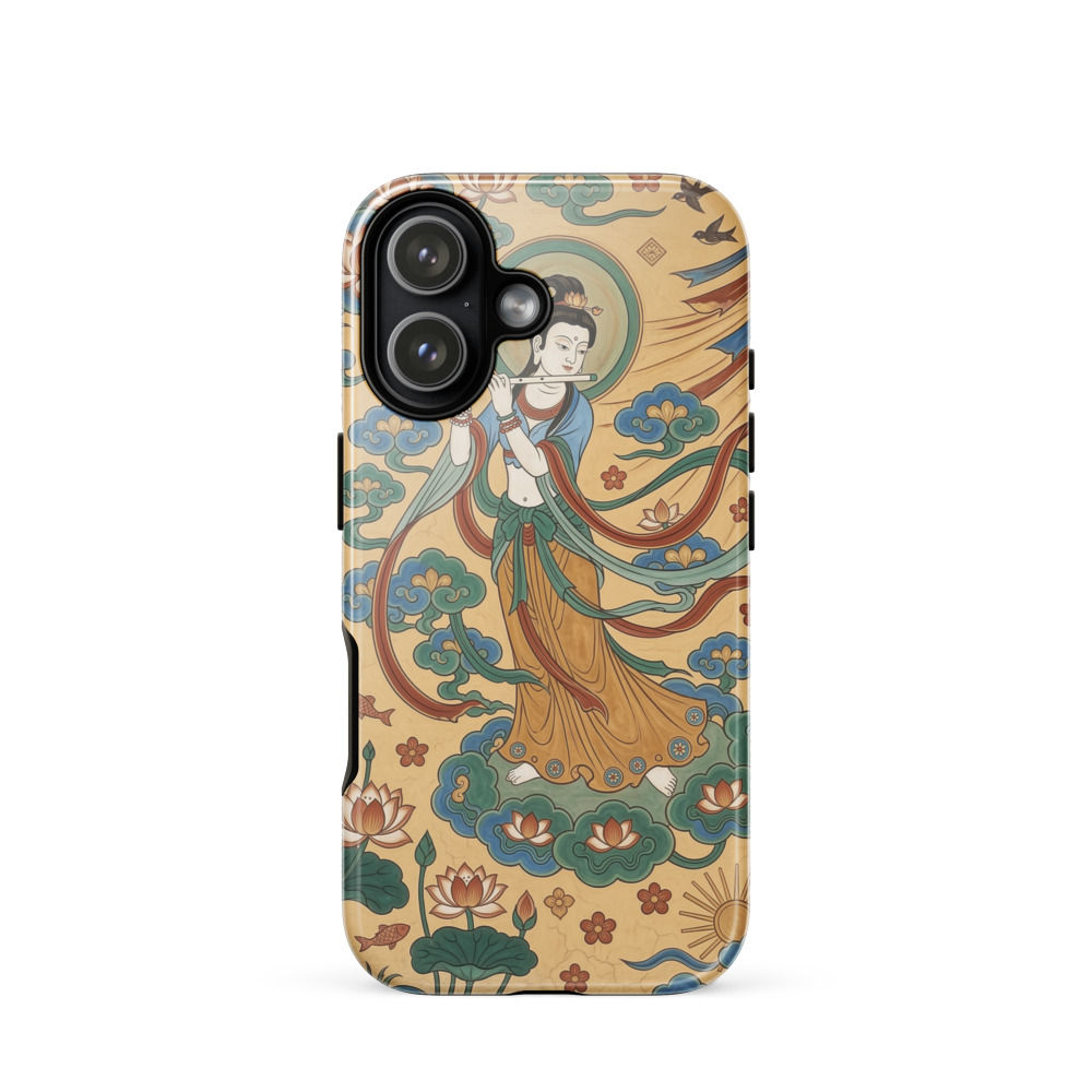 Celestial Musician Tough Phone Case, iPhone 15, 16 and 17 case, Dunhuang-inspired art, lotus cloud design, gift for art lovers