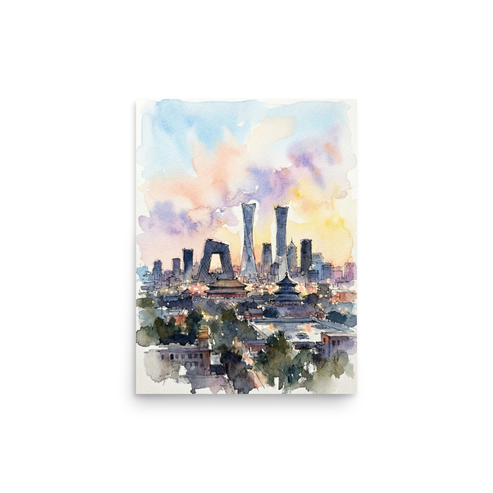 Beijing Skyline Art Print, loose watercolour painting, airy living room decor, office wall art, Beijing travel gift