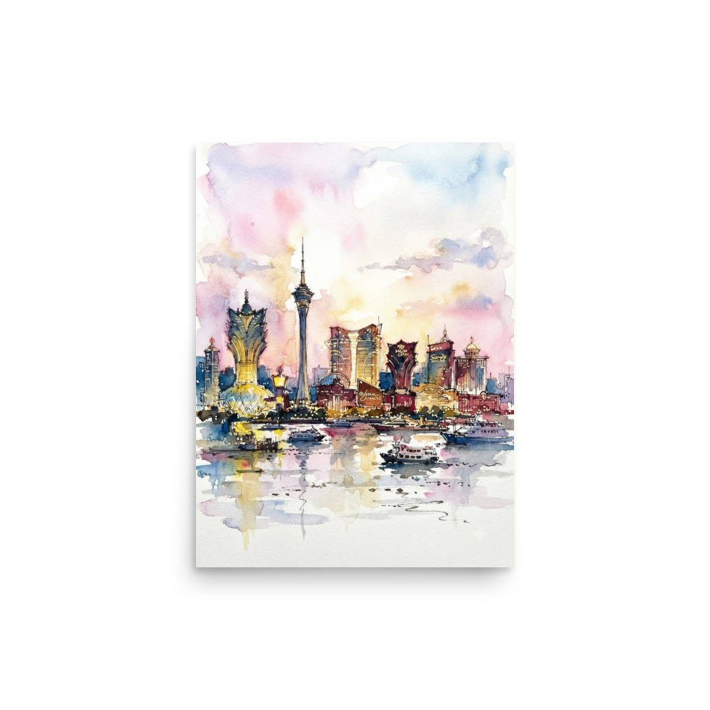 Macau Skyline Art Print, loose watercolour painting, ink linework wall art, modern living room decor, thoughtful gift for Macau lovers