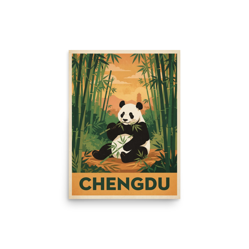 Chengdu Panda Art Print, mid-century travel poster, bamboo grove wall decor, warm colour palette, panda lover gift