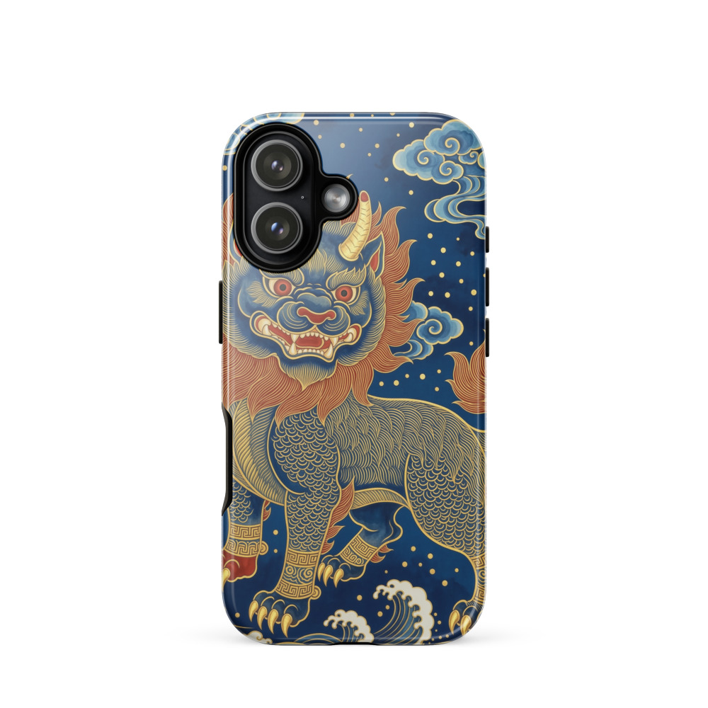 Baize Tough Phone Case, iPhone 15, 16 and 17 case, ink-and-gold style, Chinese mythology gift, guardian beast design