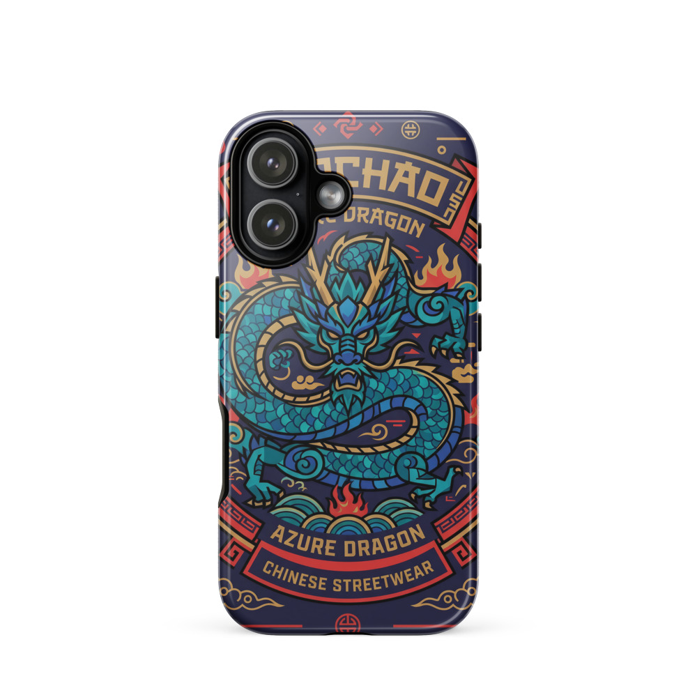 Azure Dragon Emblem Tough Phone Case, guochao graphic art, Chinese streetwear style, iPhone 15, 16 and 17 case, dragon gift