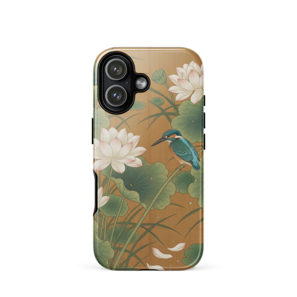 Lotus & Kingfisher Tough Phone Case, Chinese gongbi art, iPhone 15, 16 and 17 case, gift for bird and flower art lovers