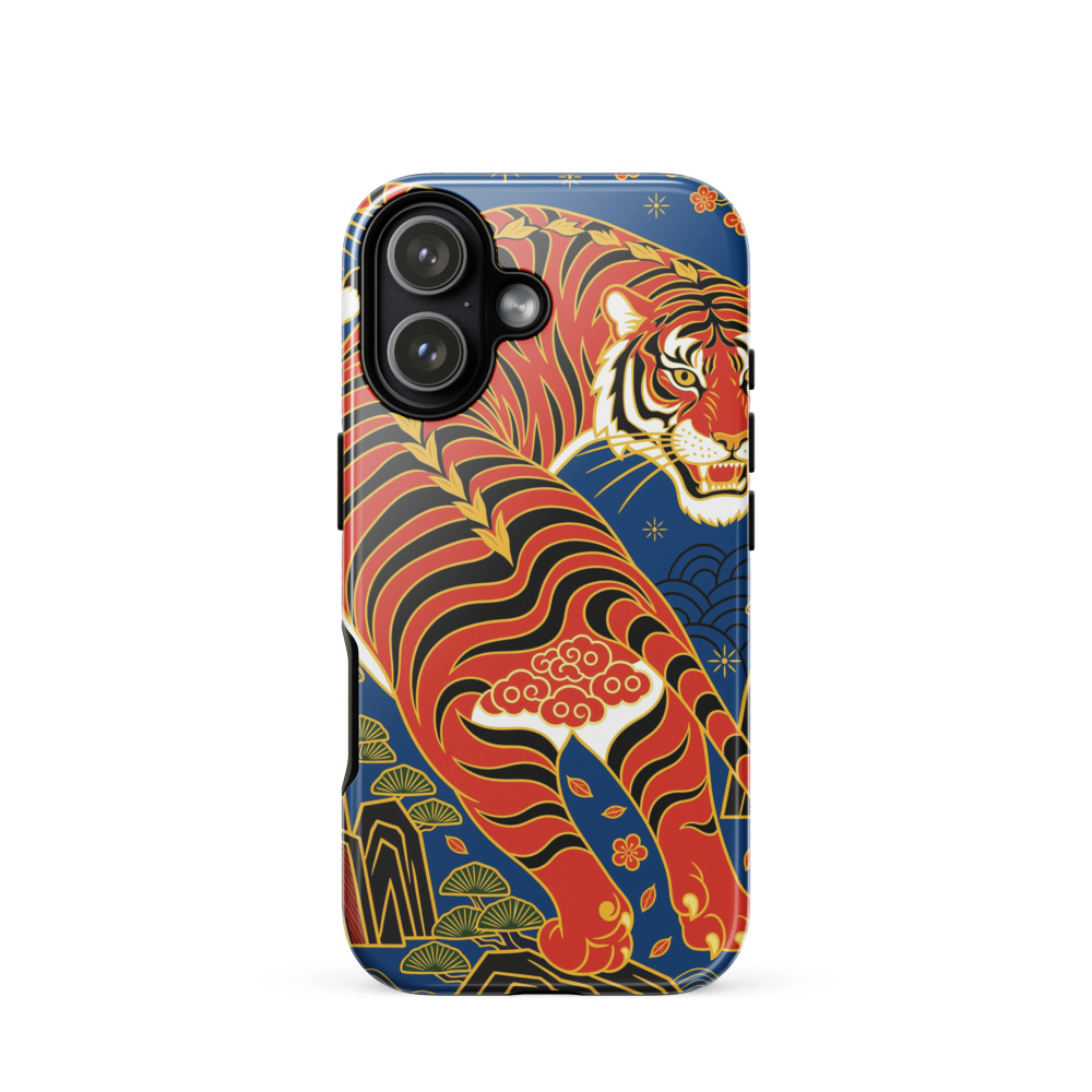 Guochao Tiger Tough Phone Case, neo-Chinese pop art, iPhone 15, 16 and 17 case, bold red indigo and gold, gift for tiger lovers