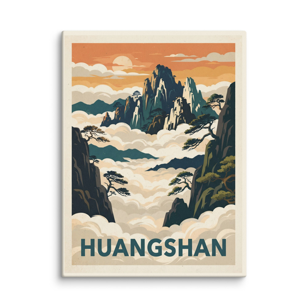 Huangshan Art Print, vintage travel poster, mid-century wall art, mountain landscape decor, gift for mountain lovers