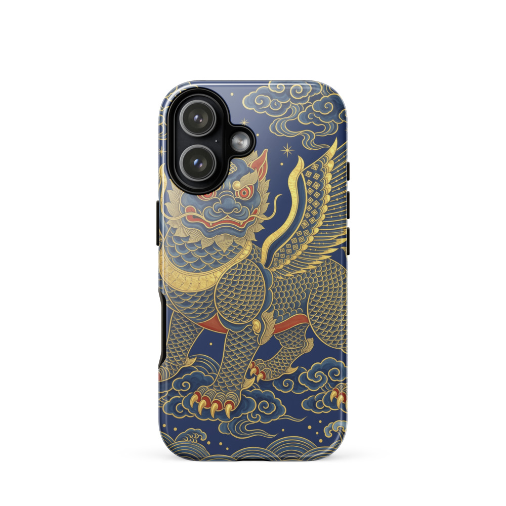 Pixiu 貔貅 Tough Phone Case, Chinese mythology art, ink and gold style, iPhone 15, 16 and 17 case, gift for design lovers