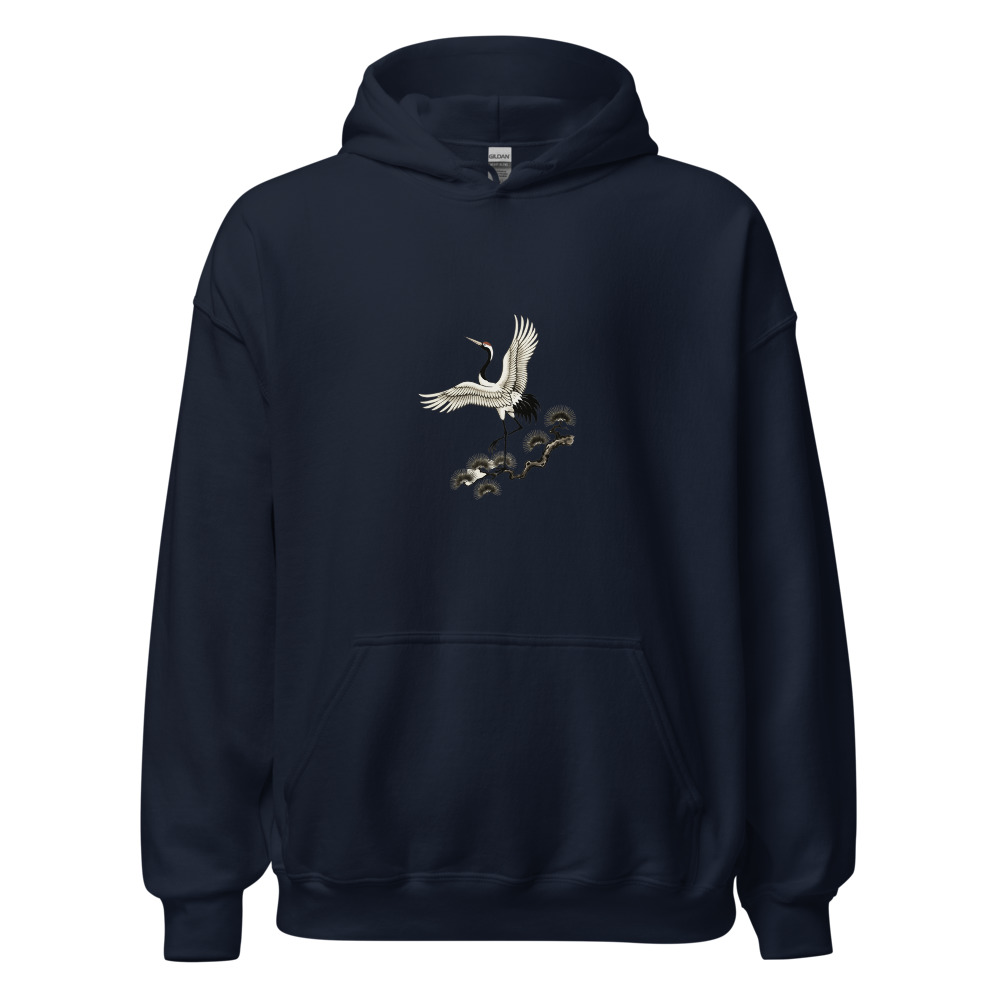 Dancing Crane on Pine Hoodie, nature-inspired crane art, woodland casual wear, everyday layering, gift for bird lovers