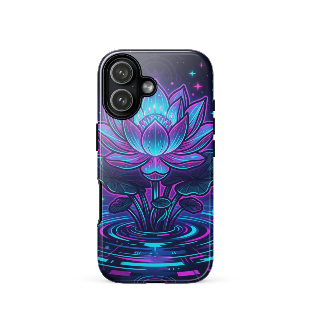 Neon Lotus Tough Phone Case, cyber-oriental neon style, bold graphic design, iPhone 15, 16 and 17 case, gift for art lovers
