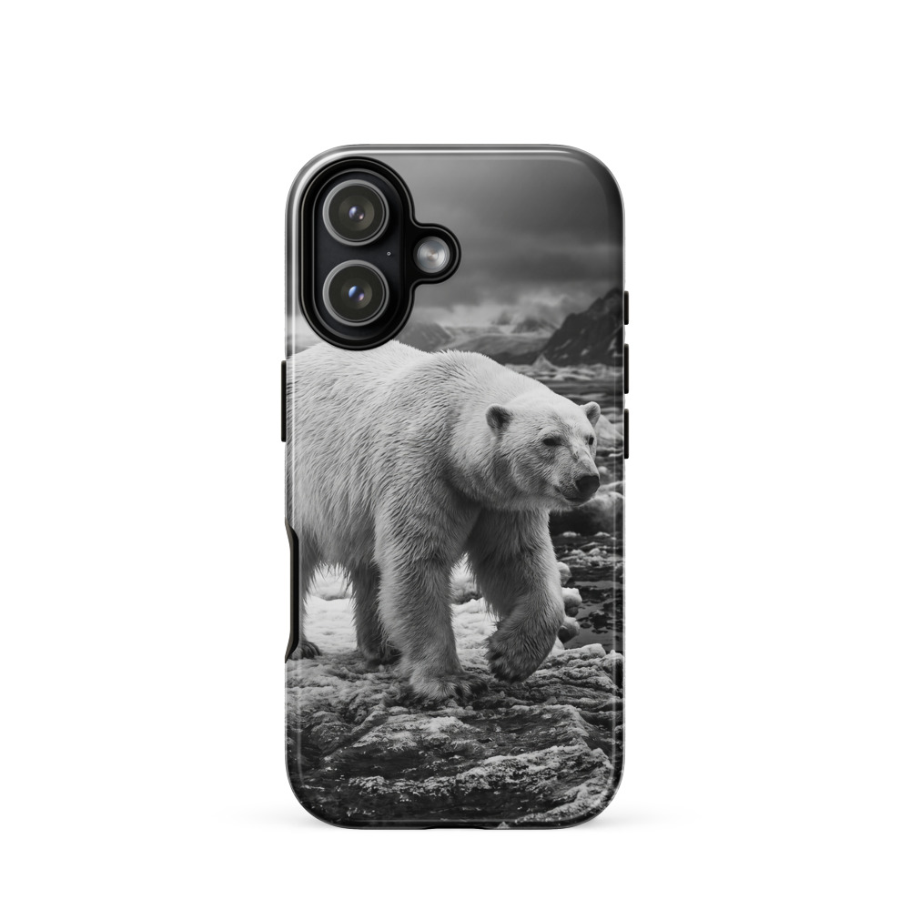 Polar Bear Tough Phone Case, iPhone 15, 16 and 17 case, black and white wildlife photography, monochrome style, wildlife lover gift