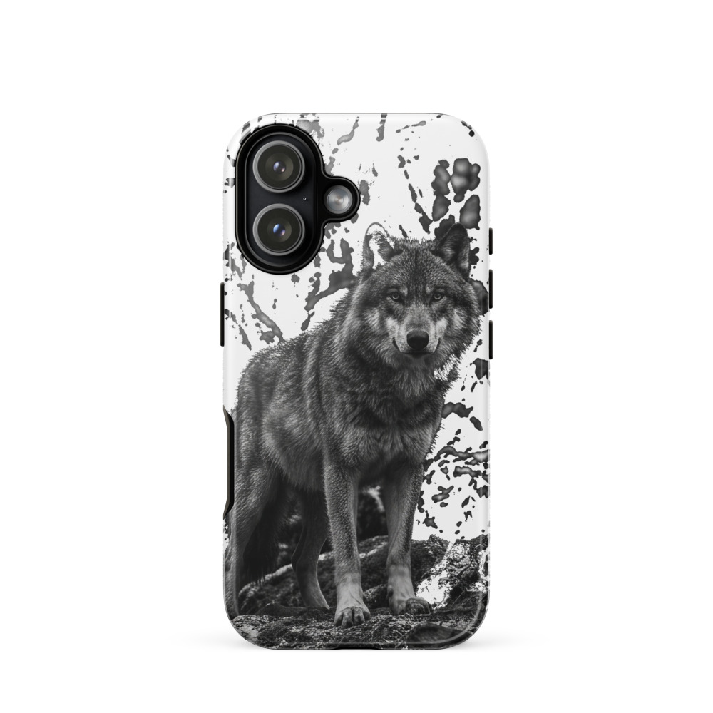 Gray Wolf Tough Phone Case, black and white wildlife photography, monochrome art, iPhone 15, 16 and 17 case, wolf lover gift